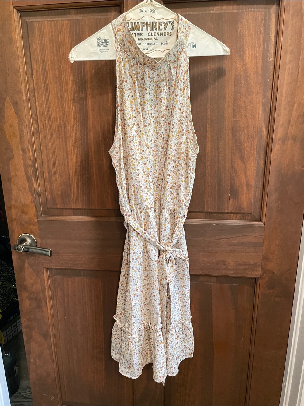 Lightweight Cream Floral Tie-Waist Summer Dress